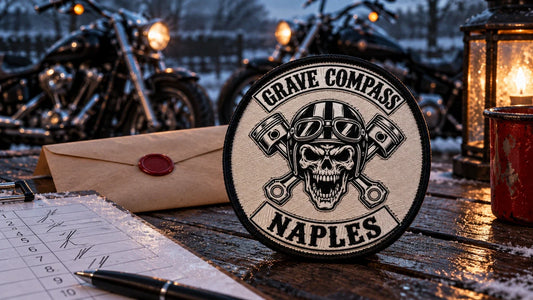 Grave Compass Naples embroidered event patch beside a sealed motorcycle-club charity donation handover envelope.