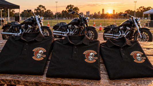 Three Southern Talons Adelaide motorcycle club polo shirts with correctly placed left-chest badges beside parked V-twin motorcycles.