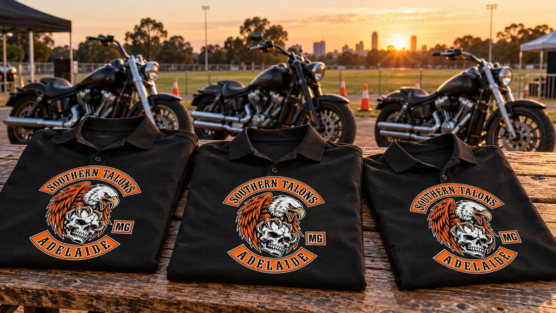 Southern Talons Adelaide motorcycle club polo shirts prepared beside parked V-twin motorcycles for a public safety event arrival.