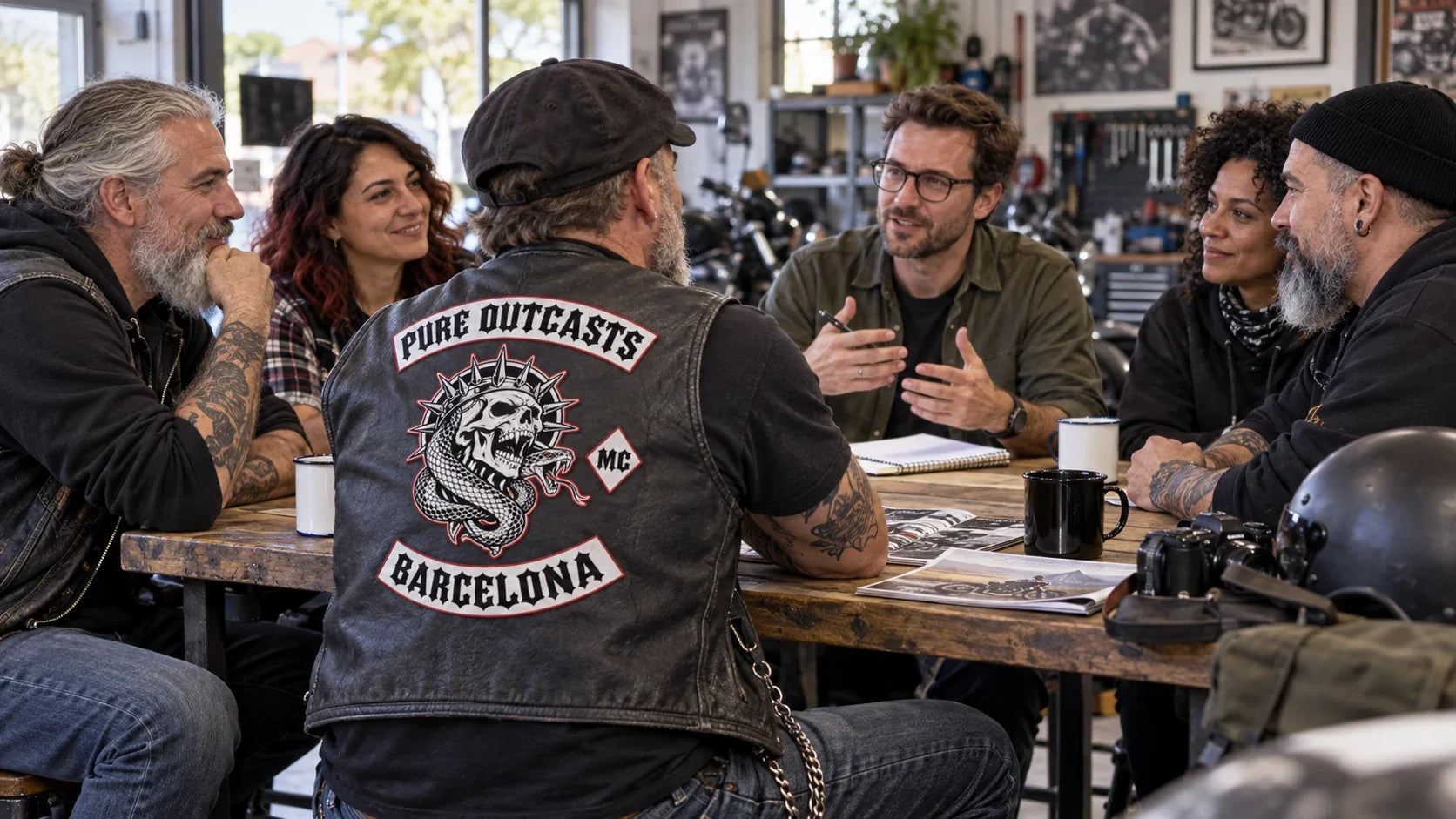 Pure Outcasts editorial scene illustrating motorcycle club stereotypes, the limits of labels, individual identity, media framing, legal context and respectful evidence-based discussion: featured.