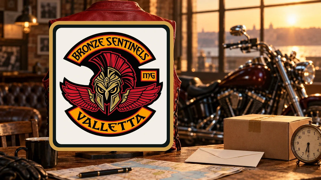 Bronze Sentinels Valletta exact authorized club logo mounted on a red leather motorcycle club vest beside the Toy Run start kit.