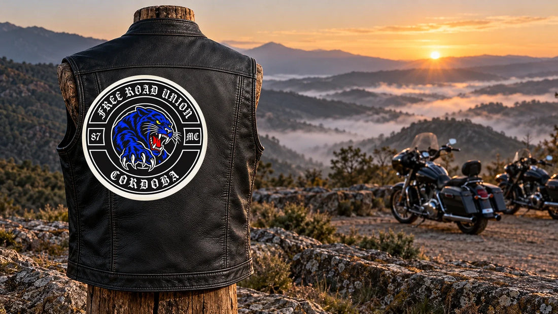 Chaleco de cuero negro de moto club con logo autorizado en un mirador montañoso de la Sierra al amanecer.