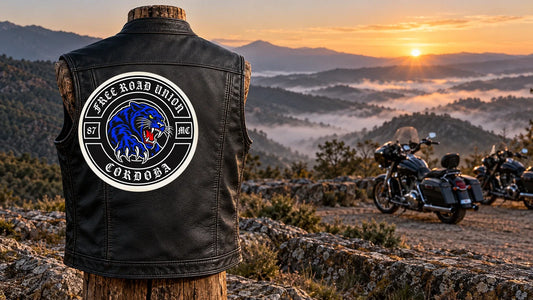Chaleco de cuero negro de moto club con logo autorizado en un mirador montañoso de la Sierra al amanecer.