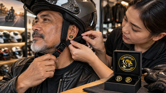 Road Kin editorial scene illustrating biker earrings with motorcycle helmets, fit, liner pressure, snag hazards and stationary testing: featured.