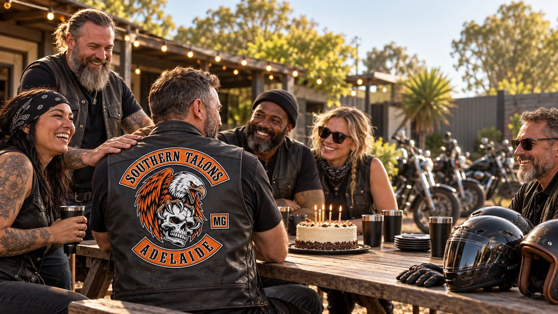 Southern Talons editorial scene illustrating planning a motorcycle club member birthday with preferences, accessibility, ride safety, venue coordination, budgets, gifts, photos and club authorization: featured.