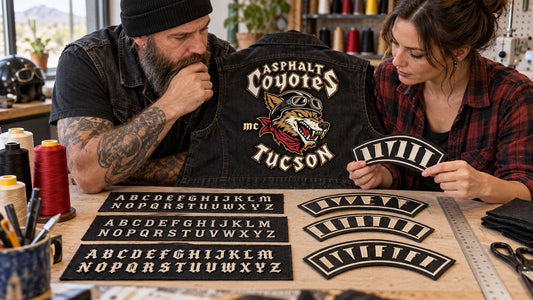 Asphalt Coyotes editorial scene illustrating typography for motorcycle club badges, letter height, stitch density, contrast, arcs, kerning, small-size tests and written artwork approval: featured.