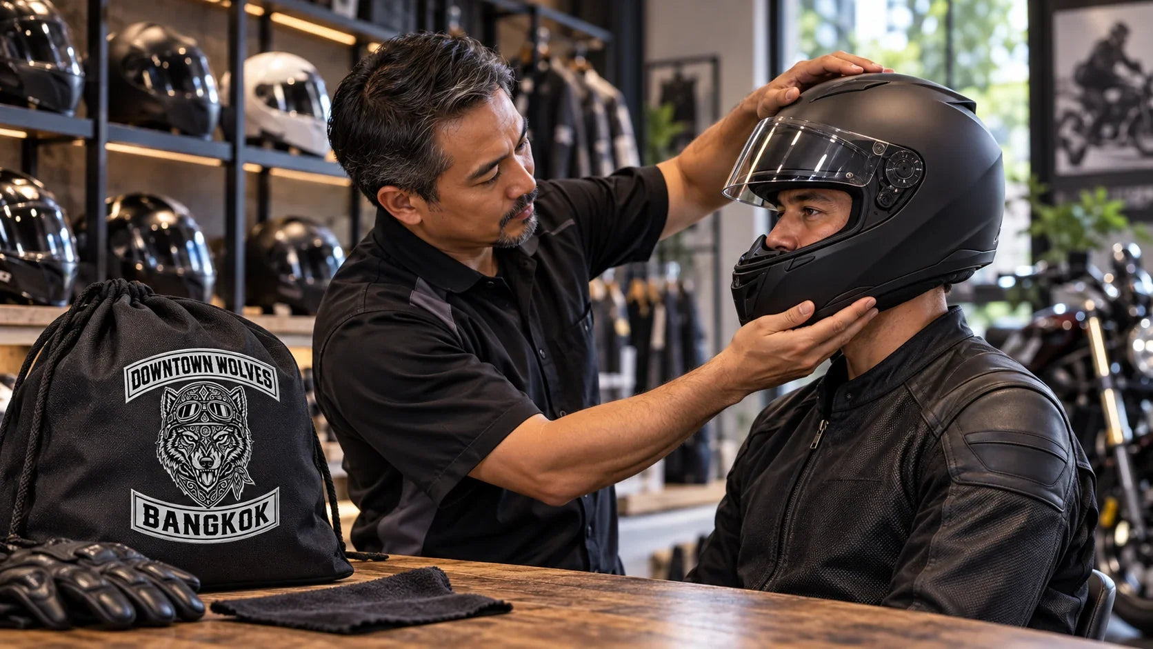 Downtown Wolves editorial scene illustrating motorcycle helmet fit, current certification, comfort and replacement checks: featured.