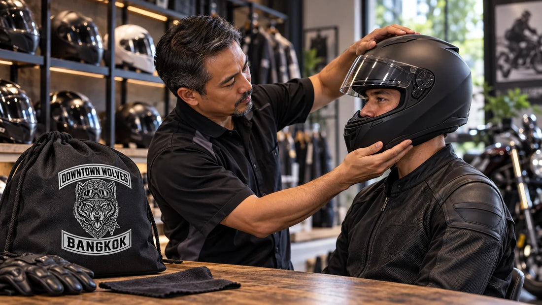 Downtown Wolves editorial scene illustrating motorcycle helmet fit, current certification, comfort and replacement checks: featured.