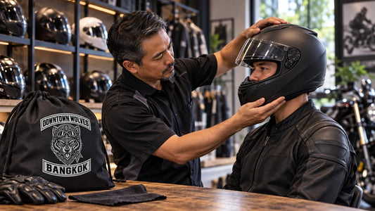 Downtown Wolves editorial scene illustrating motorcycle helmet fit, current certification, comfort and replacement checks: featured.