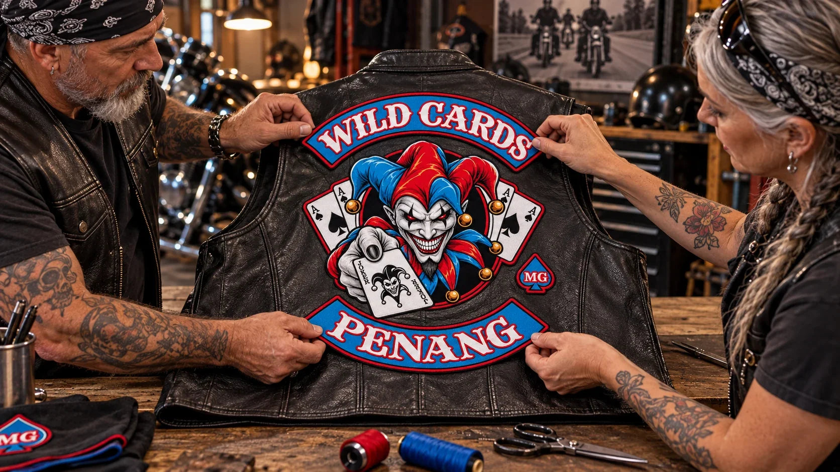 Wild Cards editorial scene illustrating motorcycle vest rocker meaning, placement, sizing and permission: featured.
