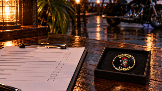 Redwing Union Manila motorcycle club metal badge shown at wearable scale beside the CIFOS registration roster.