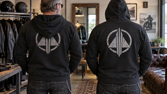 Two mature riders model black hoodie samples from the back with one hood down and one hood up.