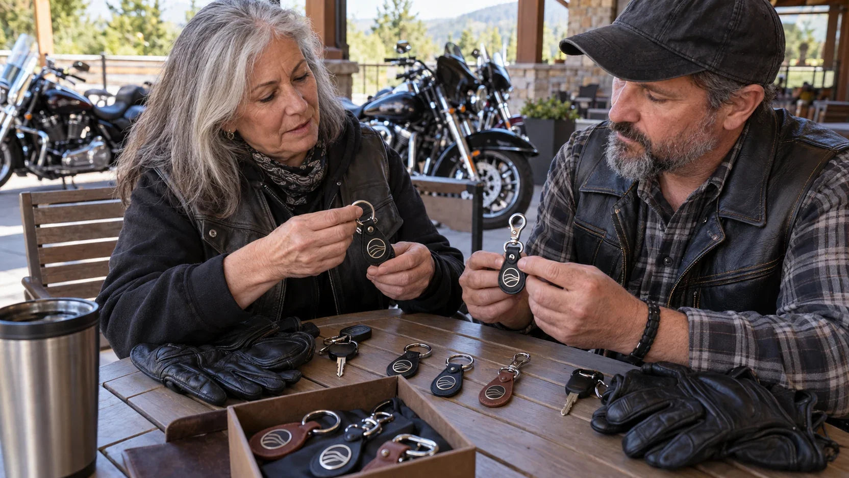 Two club organizers compare split-ring and clip keychains with their keys and gloves at a table off the bike.