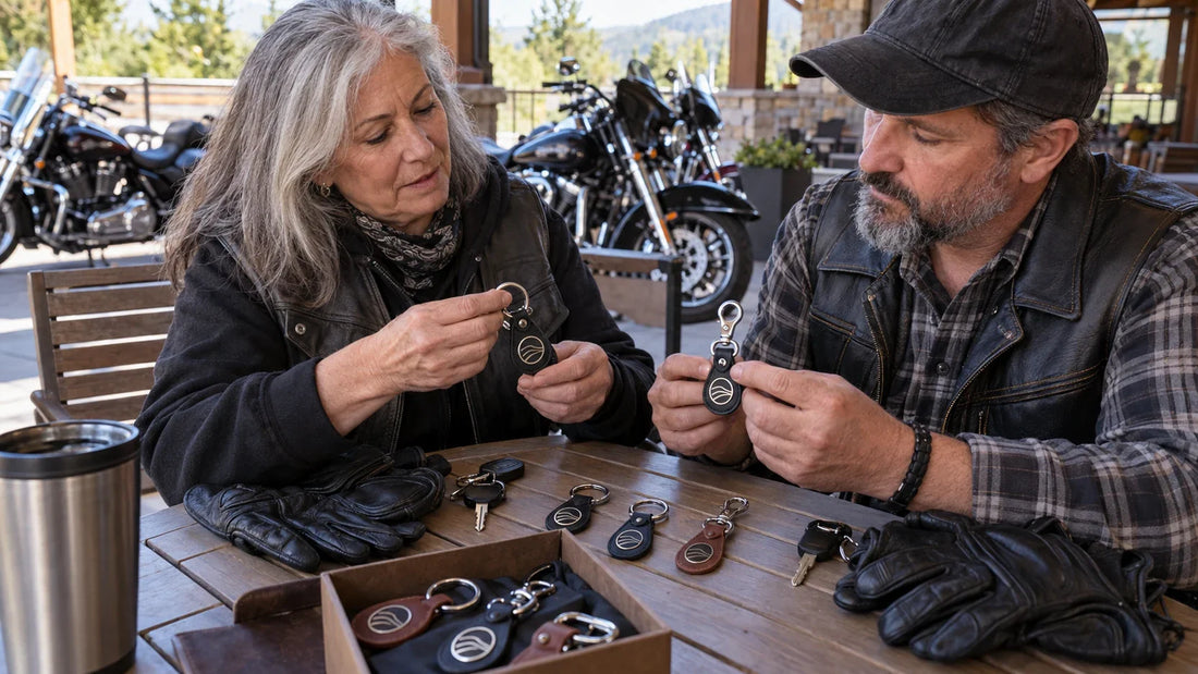 Two club organizers compare split-ring and clip keychains with their keys and gloves at a table off the bike.