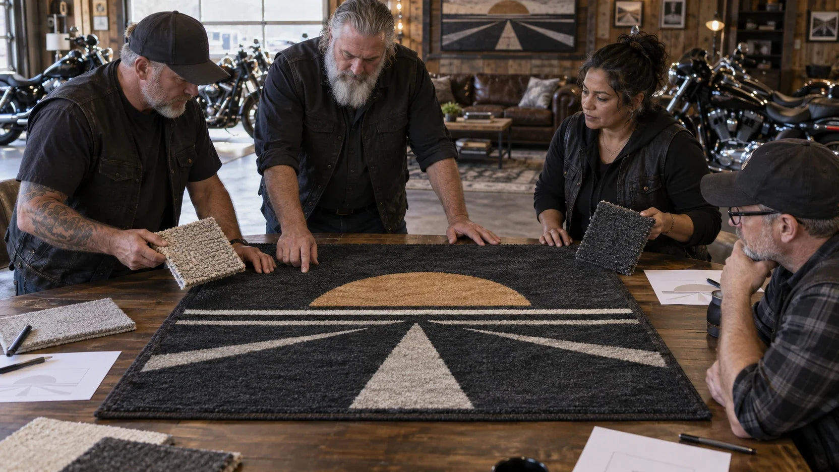 Motorcycle-club organizers review custom clubhouse rug samples for How to Keep a Club Logo Readable in a Textured Rug.