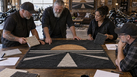 Motorcycle-club organizers review custom clubhouse rug samples for How to Keep a Club Logo Readable in a Textured Rug.