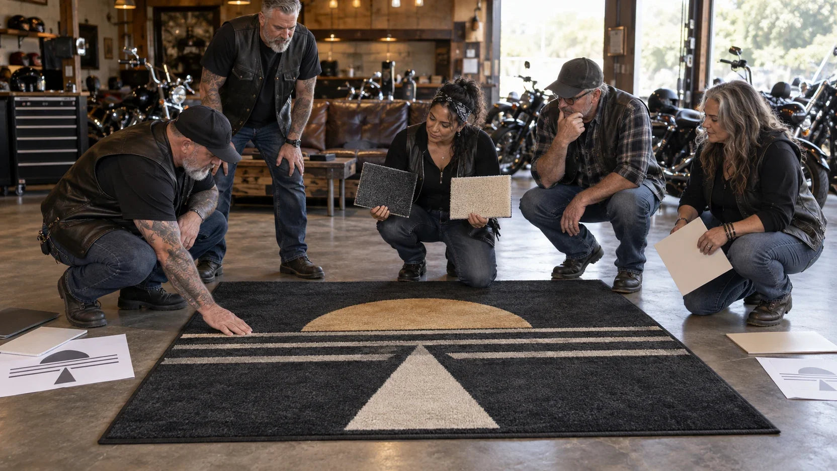 Motorcycle-club organizers review custom clubhouse rug samples for How to Choose a Rug Size for the Actual Clubhouse Floor.