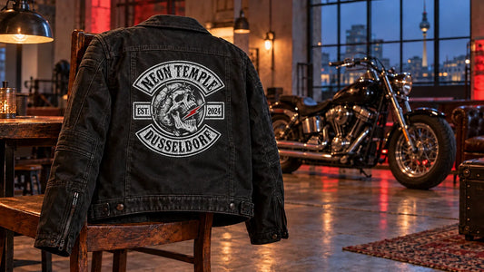 Exact Neon Temple Düsseldorf club logo integrated on the central back panel of a black motorcycle jacket.