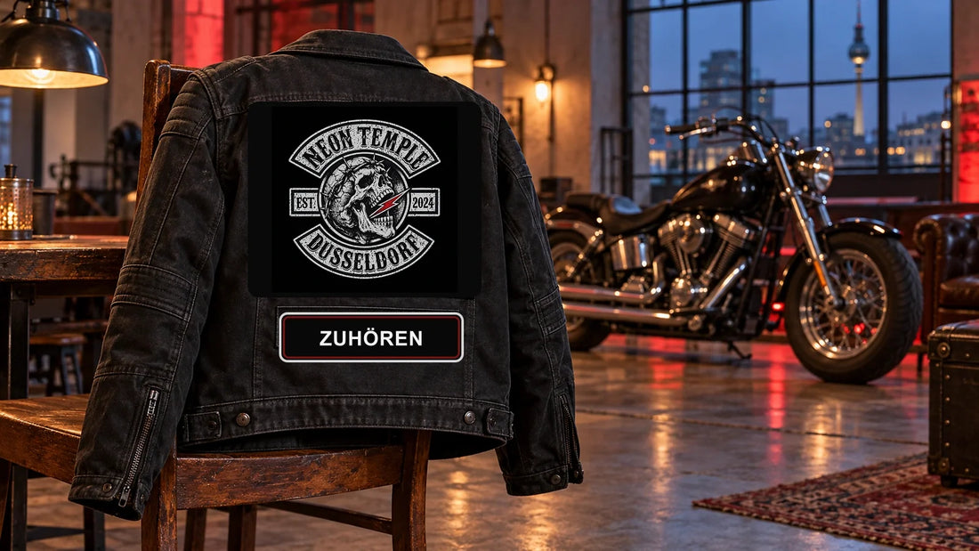 Neon Temple Düsseldorf club logo and ZUHÖREN name bar on a black motorcycle jacket in a Berlin community hall.