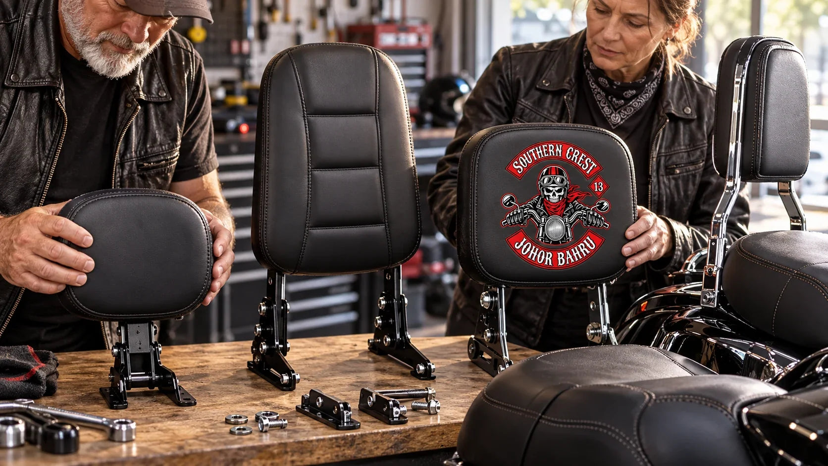 Southern Crest editorial scene illustrating motorcycle backrest comparison, rider support, mounting compatibility, construction and use cases: featured.