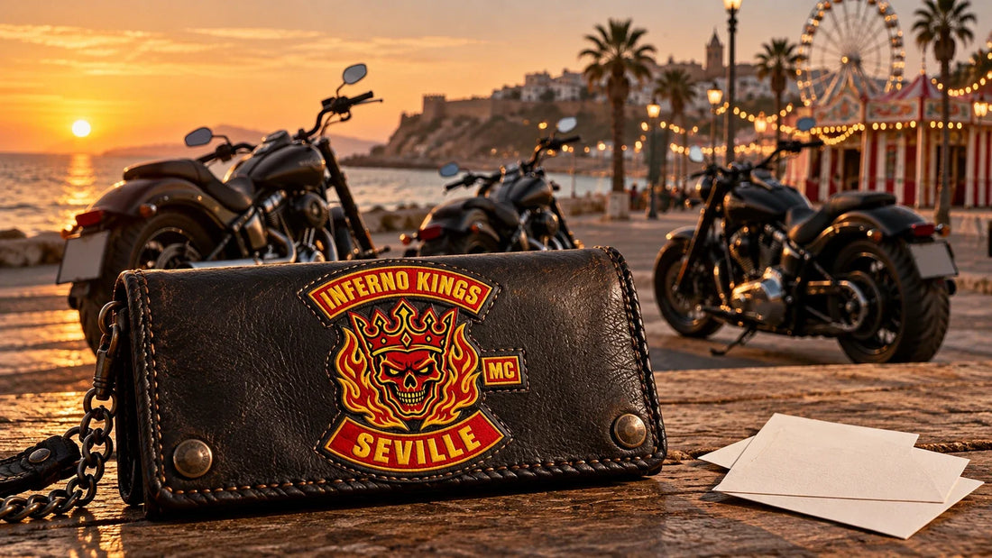Cartera de cuero de Inferno Kings Seville preparada para verificar la fecha de la Concentración Motera Villa de Conil 2026.