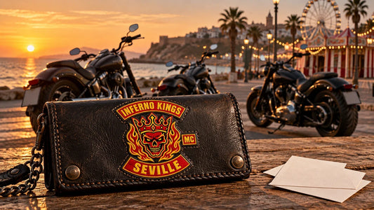 Cartera de cuero de Inferno Kings Seville preparada para verificar la fecha de la Concentración Motera Villa de Conil 2026.