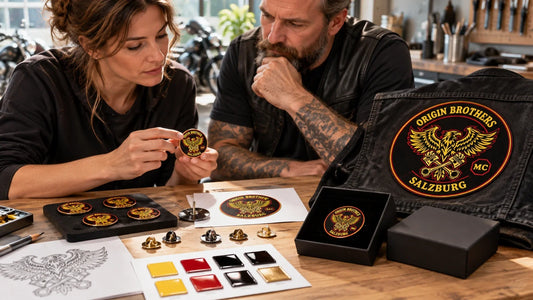 Origin Brothers editorial scene illustrating custom motorcycle club pin design, authorization, dimensions, line weight, enamel, plating, attachments, samples and reorder records: featured.