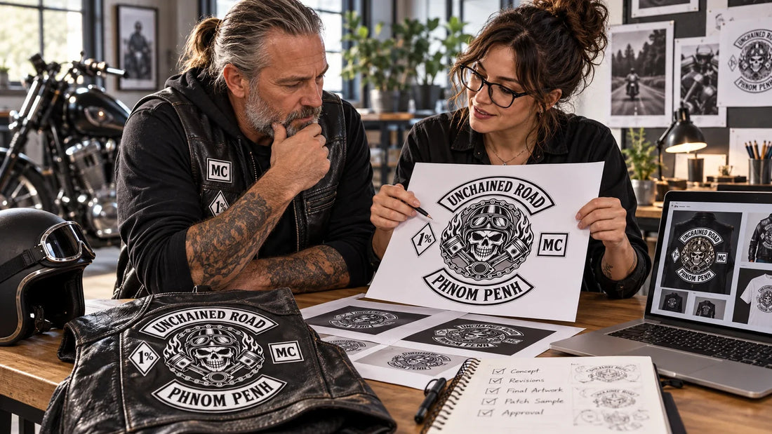 Unchained Road editorial scene illustrating a motorcycle club design workflow from written brief and authorized artwork through revisions, proof approval, production files and consistent use: featured.