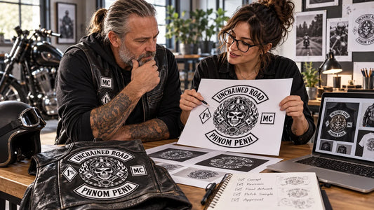 Unchained Road editorial scene illustrating a motorcycle club design workflow from written brief and authorized artwork through revisions, proof approval, production files and consistent use: featured.
