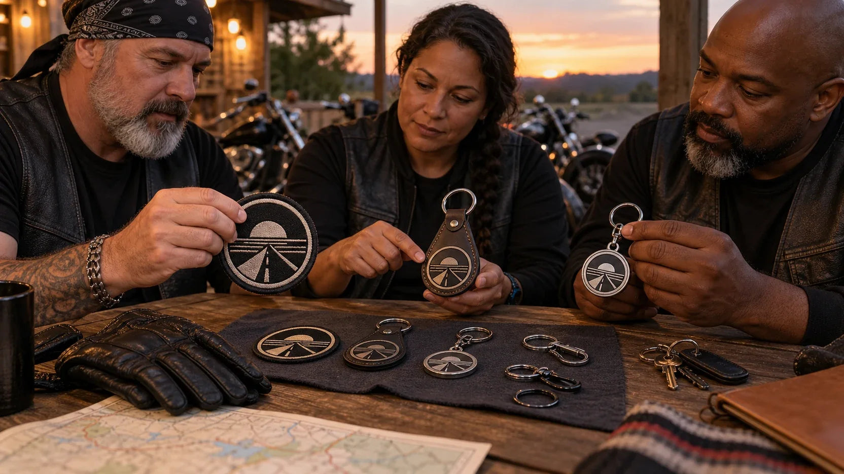 Three club organizers compare embroidered, leather and metal keychain samples with different unbranded attachments.