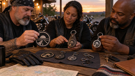 Three club organizers compare embroidered, leather and metal keychain samples with different unbranded attachments.