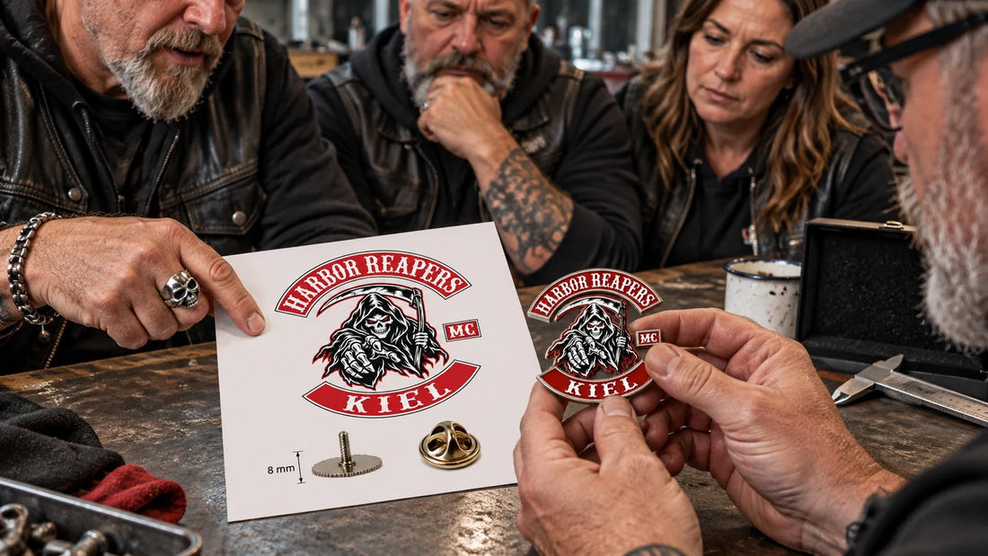 Harbor Reapers riders review featured materials for Custom Biker Pins: Design, Metal and Club Approval.