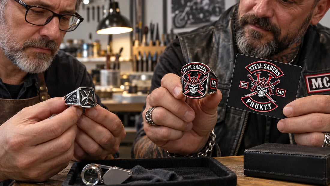 Steel Sabers editorial scene illustrating the difference between personal biker rings and authorized club rings, including symbols, permissions, sizing, materials, engraving and ordering: featured.