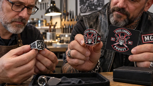Steel Sabers editorial scene illustrating the difference between personal biker rings and authorized club rings, including symbols, permissions, sizing, materials, engraving and ordering: featured.