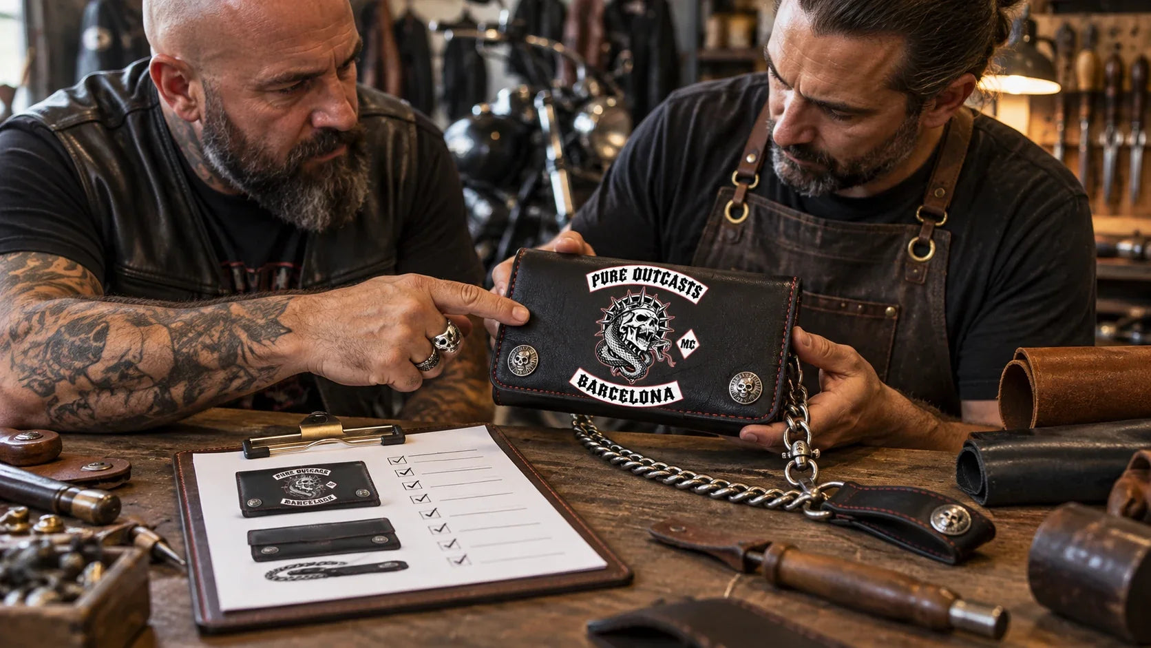 Pure Outcasts editorial scene illustrating custom biker wallet selection for club organizers, leather, capacity, chains, logo methods and approval workflow: featured.