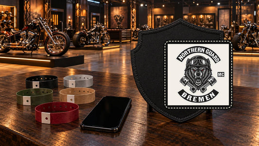 Northern Guard Bremen custom club badge beside five admission bands on a motorcycle show planning table.