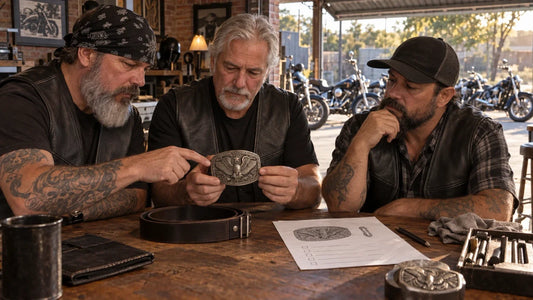 Motorcycle club organizers reviewing a custom belt buckle beside parked V-twin motorcycles.