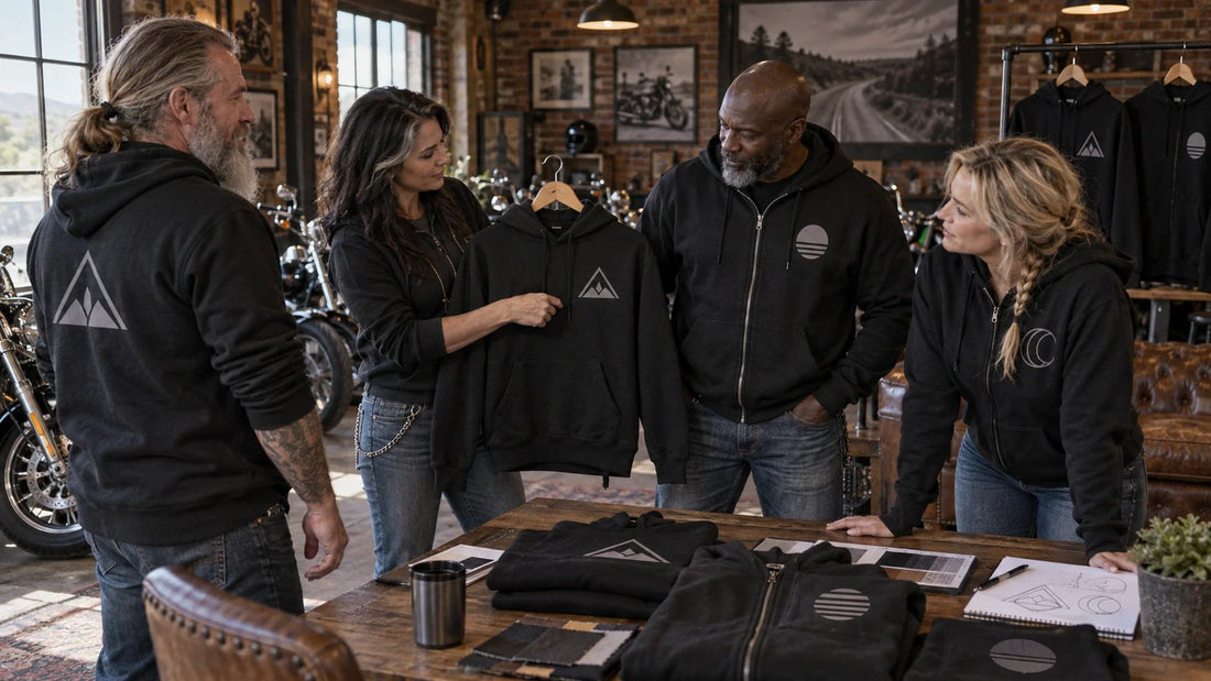 Four mature motorcycle club riders compare black pullover and zip hoodie samples in an unbranded clubhouse.