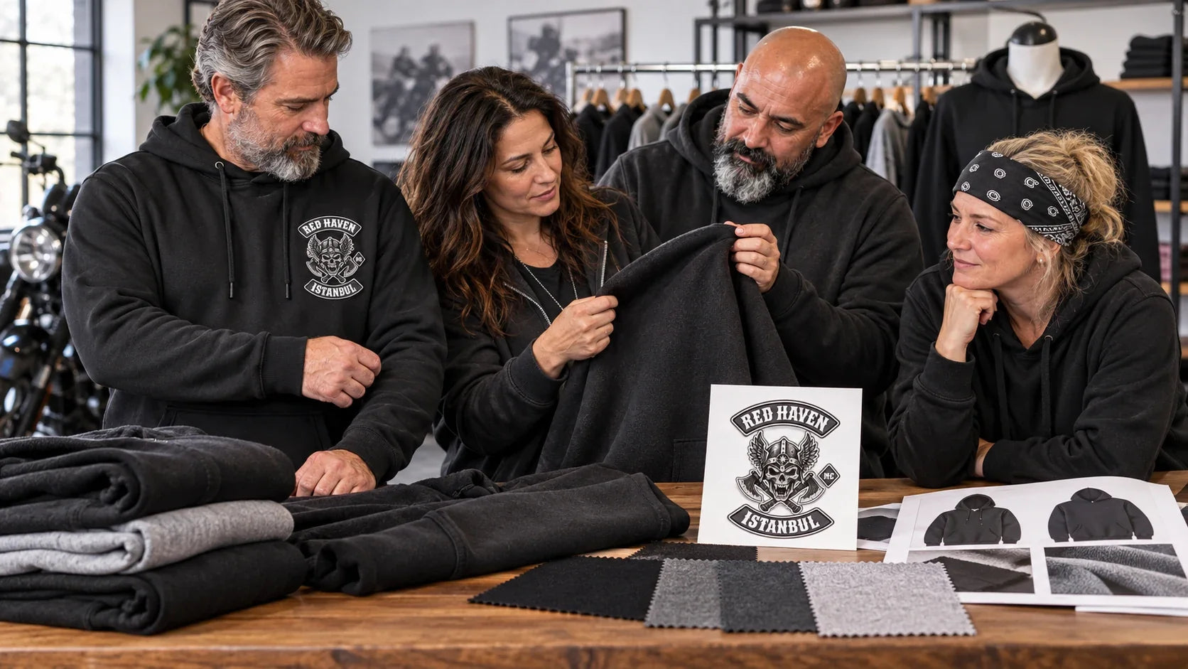 Red Haven editorial scene illustrating custom club hoodie fabric weight, fit, size range, construction, decoration method, logo placement, samples, care and reorders: featured.