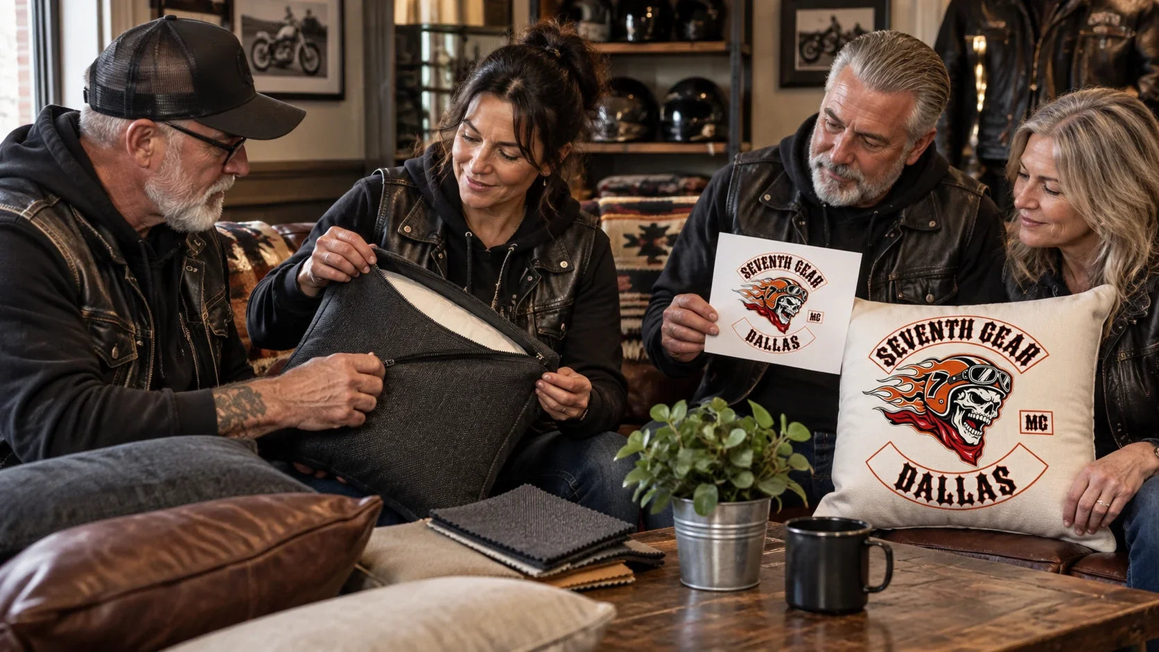 Seventh Gear editorial scene illustrating custom clubhouse cushion dimensions, insert and cover construction, fabric, closures, abrasion, cleaning, logo placement, samples and quantities: featured.