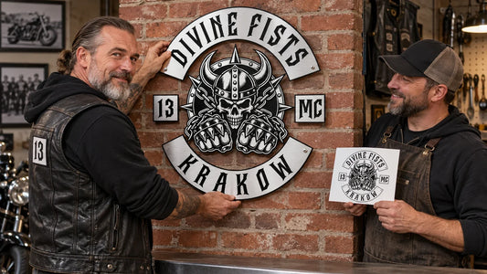 Divine Fists editorial scene illustrating custom clubhouse metal sign materials, dimensions, edge treatment, printing or relief, mounting holes, indoor or outdoor use, artwork proof and installation: featured.