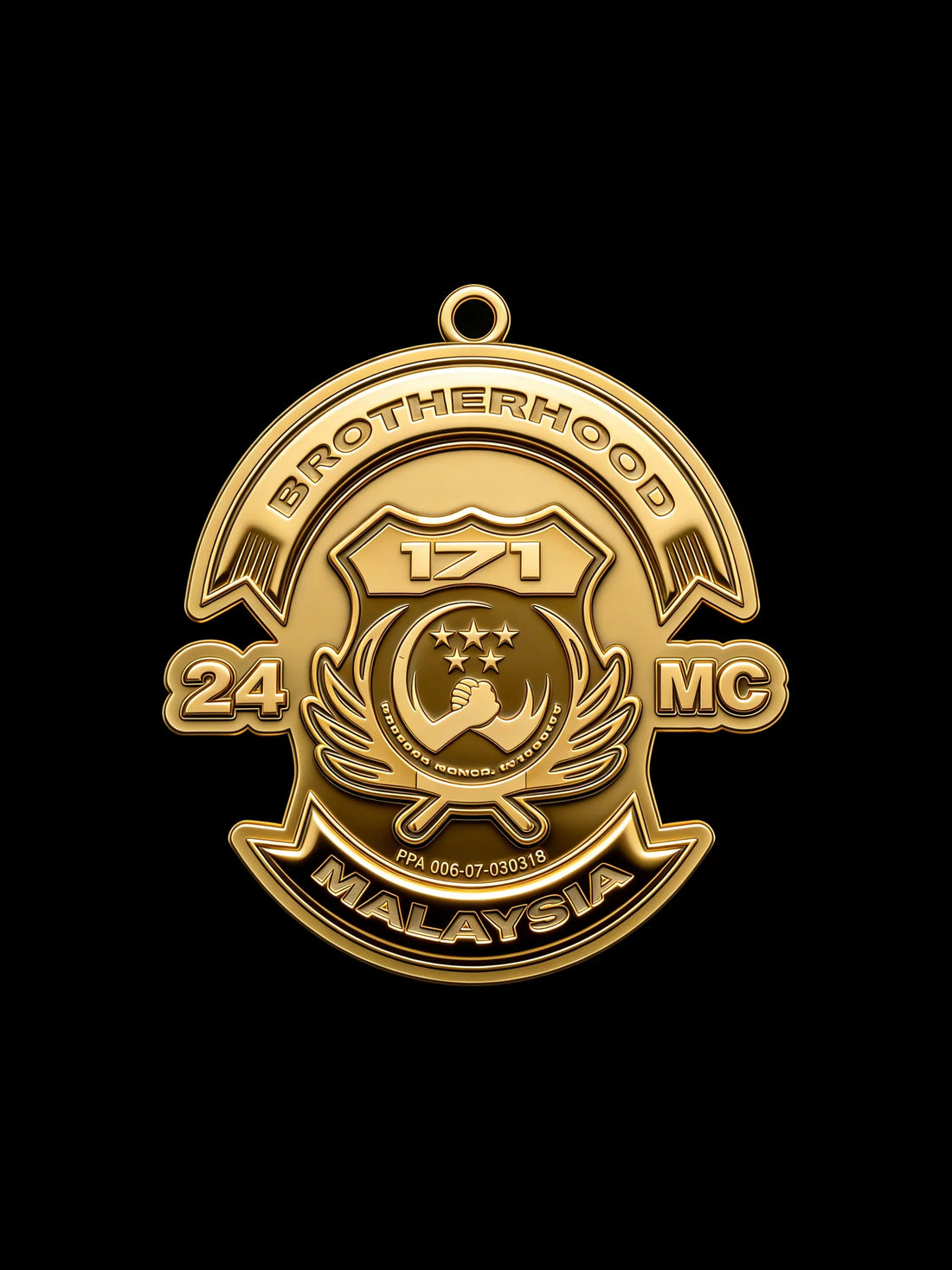 Crescent star motorcycle club pendant front view for respectful symbolism planning