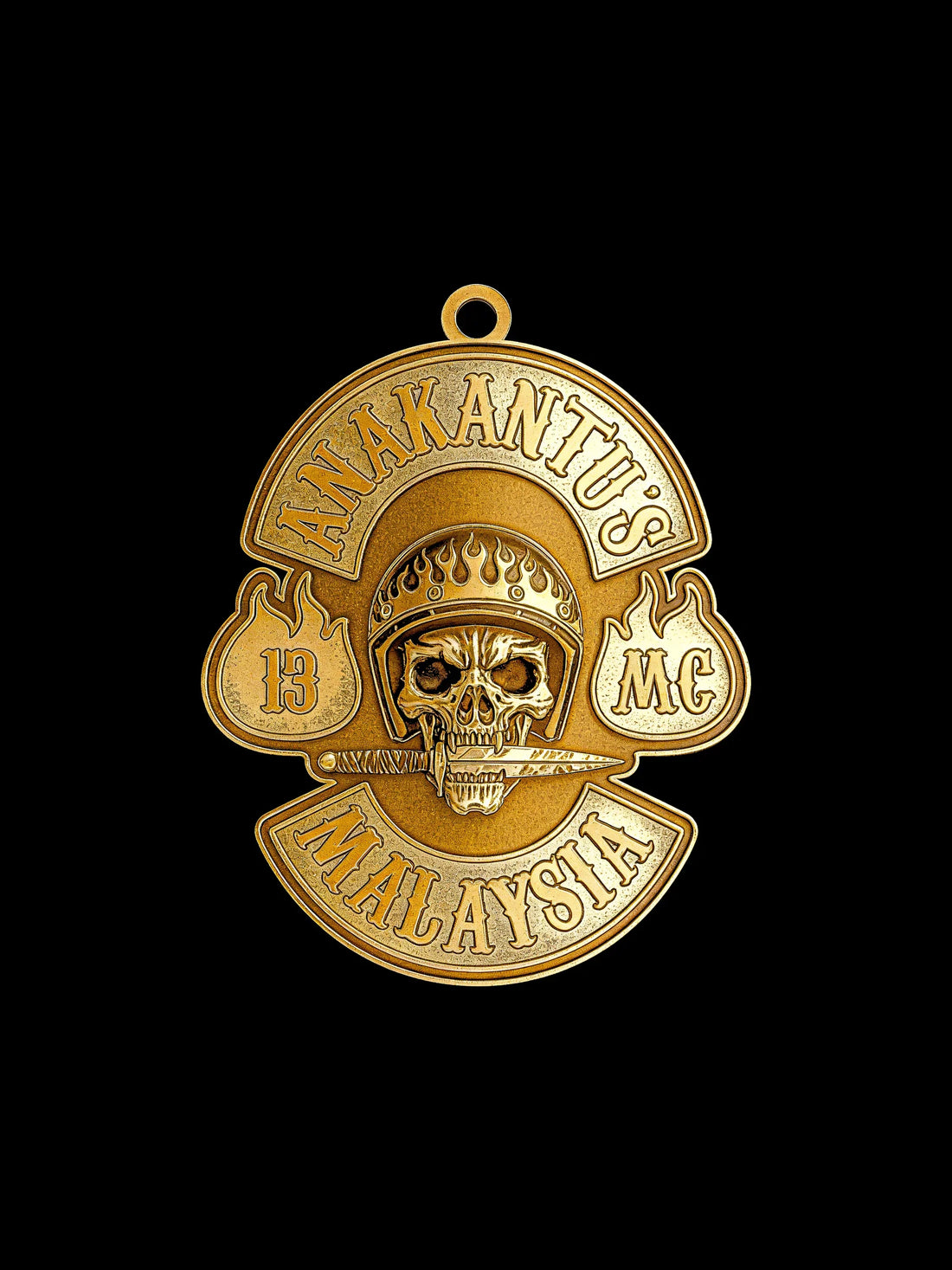 Motorcycle club chapter founding gift crowned skull pendant front view