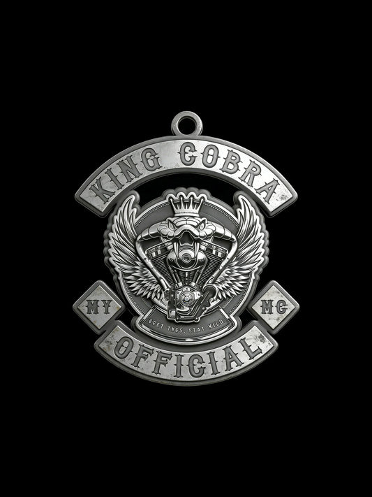 Crowned cobra biker pendant front view for club symbolism planning