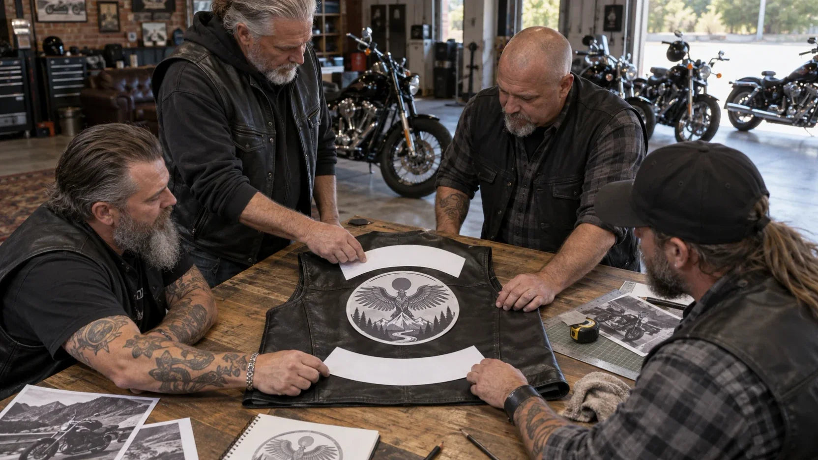 Motorcycle club members arranging a center back-patch and blank rocker layout on an unworn vest.