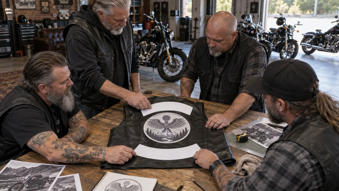 Motorcycle club members arranging a center back-patch and blank rocker layout on an unworn vest.