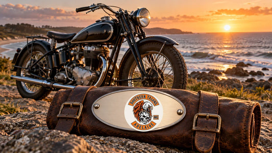 Southern Talons Adelaide motorcycle club badge beside a vintage motorcycle during a Woolgoolga rally date check.
