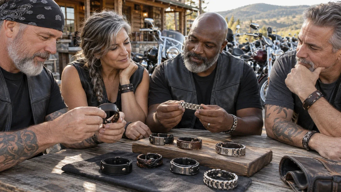 Mature motorcycle club members comparing leather and metal custom bracelets beside V-twin motorcycles.