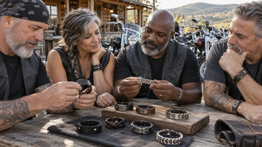 Mature motorcycle club members comparing leather and metal custom bracelets beside V-twin motorcycles.
