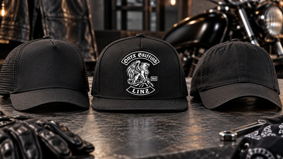 Onyx Griffins editorial scene illustrating custom motorcycle club hat identity, logo approval, placement, color consistency, member use and production proofing: featured.